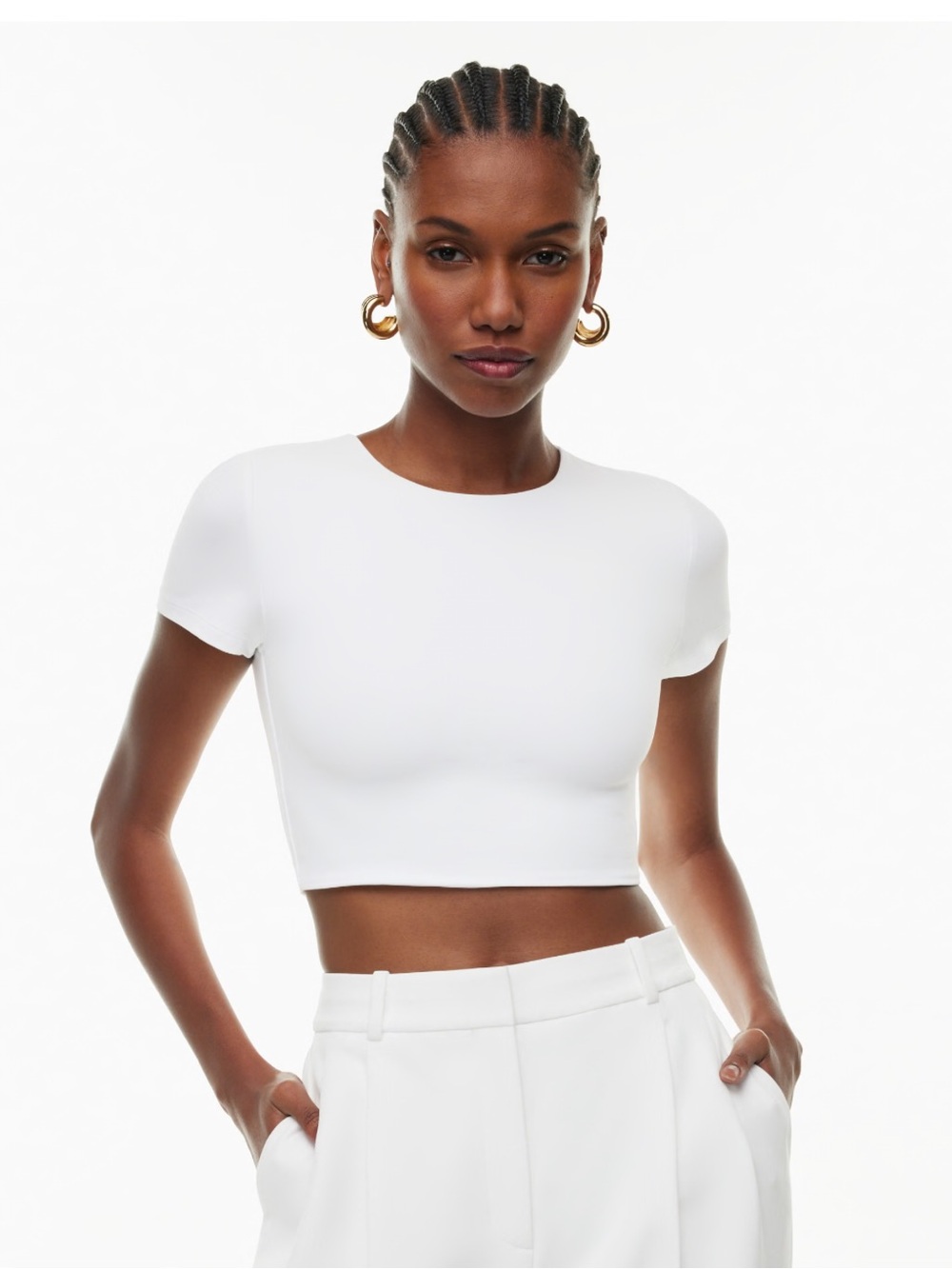 Aritzia Babaton Contour White Crew Neck Crop Top | Size Small
